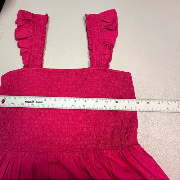 The Drop | Elegant Pink Midi Dress with Ruffle Straps - Picture 3 of 5